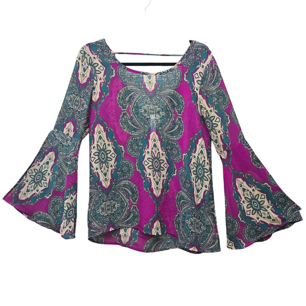 VTG Y2K Love Zoe Fairy Top Womens Small Sheer Split Flare Sleeve Paisley Boho